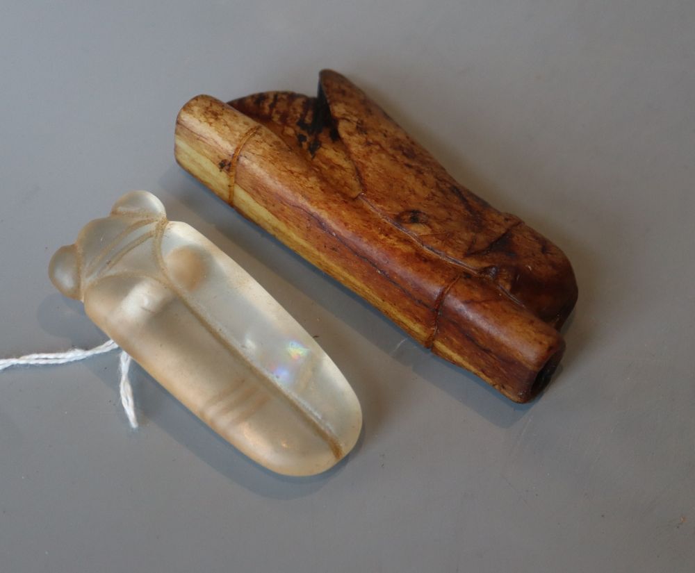 A Chinese rock crystal cicada pendant and a hardstone cicada